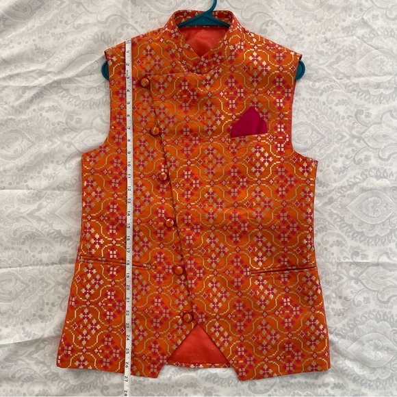 Men’s Orange Waistcoat Nehru Jacket (with pink pocket square) - Picture 7 of 7